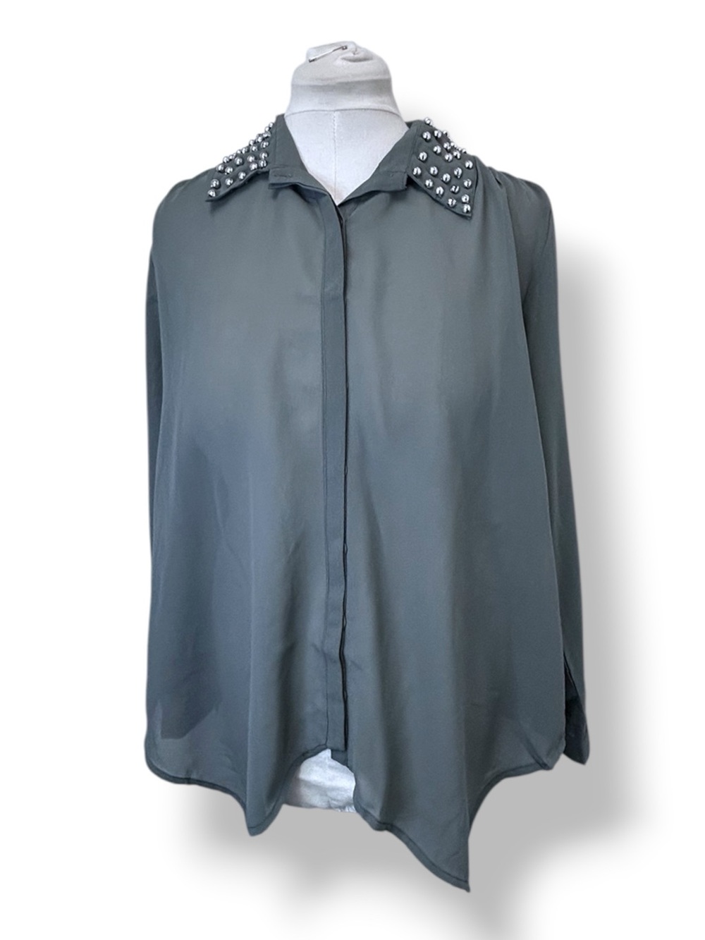 Angie Women’s Plus Long Sleeve Stud-Collar Sheer Button-Down Blouse Gray 1X